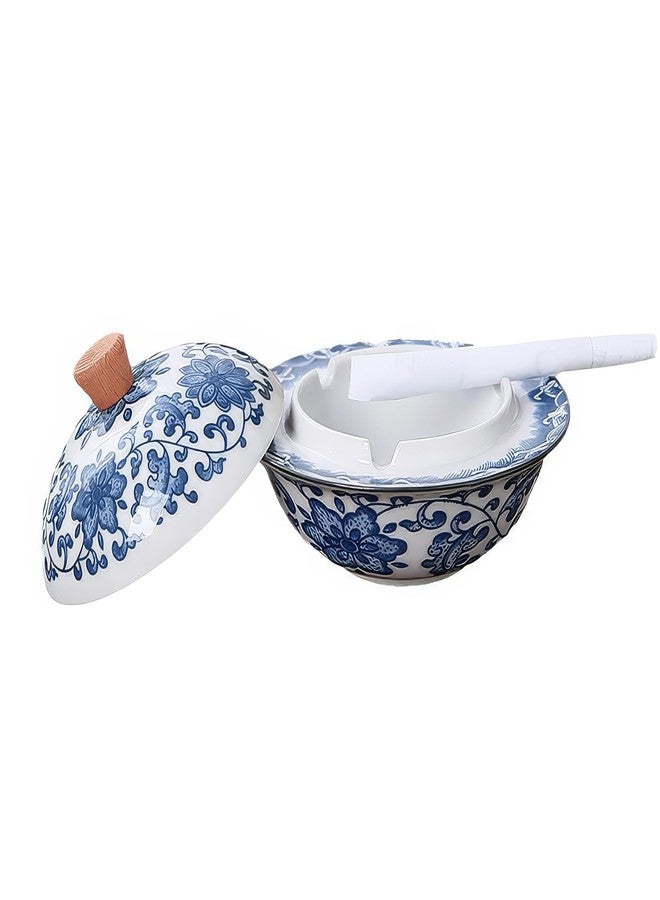 Chiorgone Vintage Blue and White Porcelain Ashtray with Lid - Chinese Feng Shui Floral Ceramic Windproof Ash Holder for Home, Office, Patio Decor - Image 1